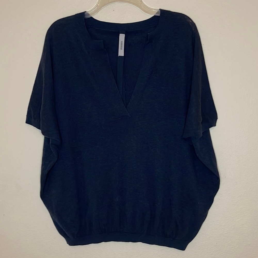 Humanoid Blue Cotton Knit Oversized V Neck Dropped Sleeves Blouse Sz Small